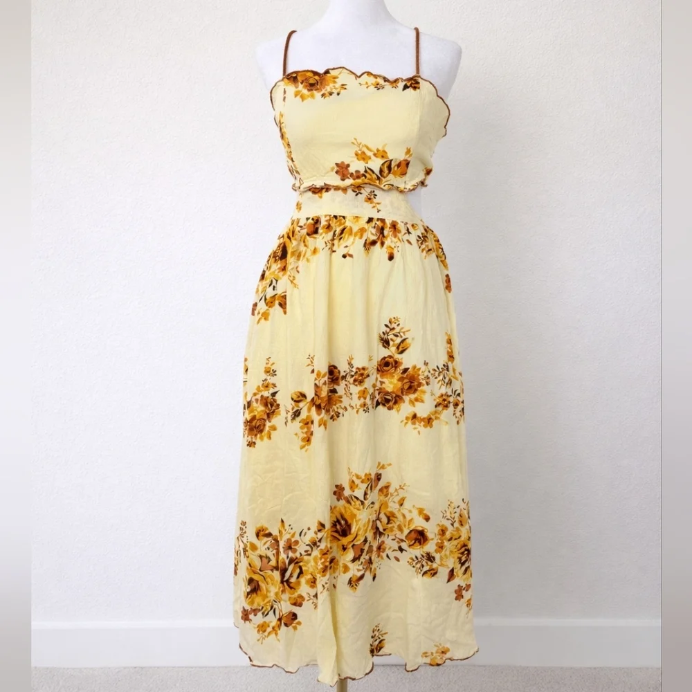 Francesca’s Yellow Floral Cutout Midi Dress S Boho Cottagecore Summer Sundress - Picture 2 of 8